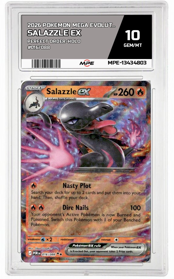 2026 POKEMON MEGA EVOLUTION PERFECT ORDER-HOLO #016/088 SALAZZLE EX MPE 10 GEM/MT — graded card auctioned from the MPE vault