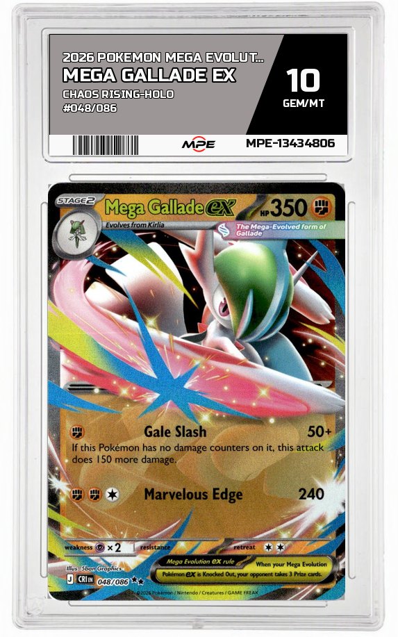 2026 POKEMON MEGA EVOLUTION CHAOS RISING-HOLO #048/086 MEGA GALLADE EX MPE 10 GEM/MT — graded card auctioned from the MPE vault