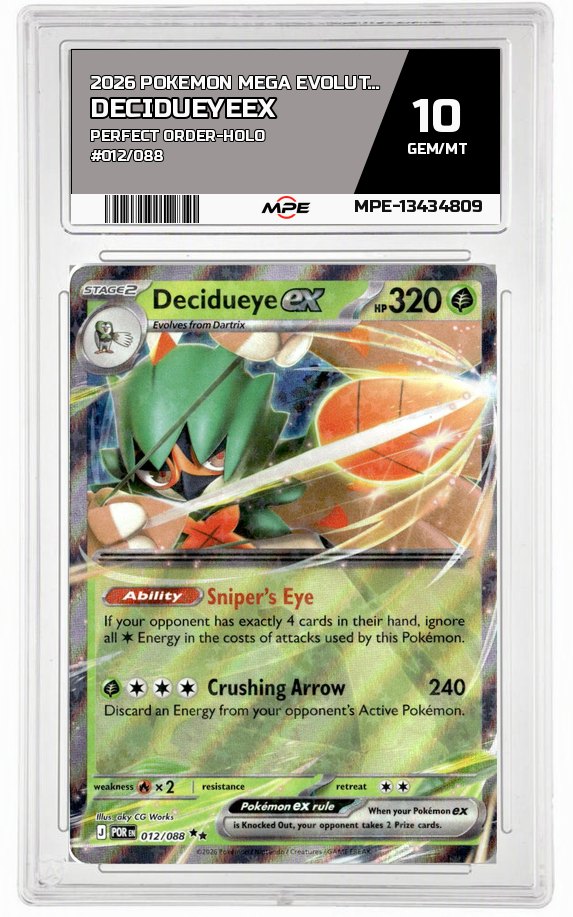 2026 POKEMON MEGA EVOLUTION PERFECT ORDER-HOLO #012/088 DecidueyeEX MPE 10 GEM/MT — graded card auctioned from the MPE vault