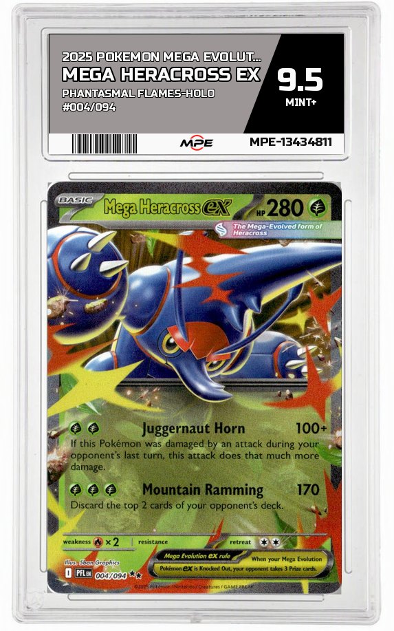 2025 POKEMON MEGA EVOLUTION PHANTASMAL FLAMES-HOLO #004/094 MEGA HERACROSS EX MPE 9.5 MINT+ — graded card auctioned from the MPE vault