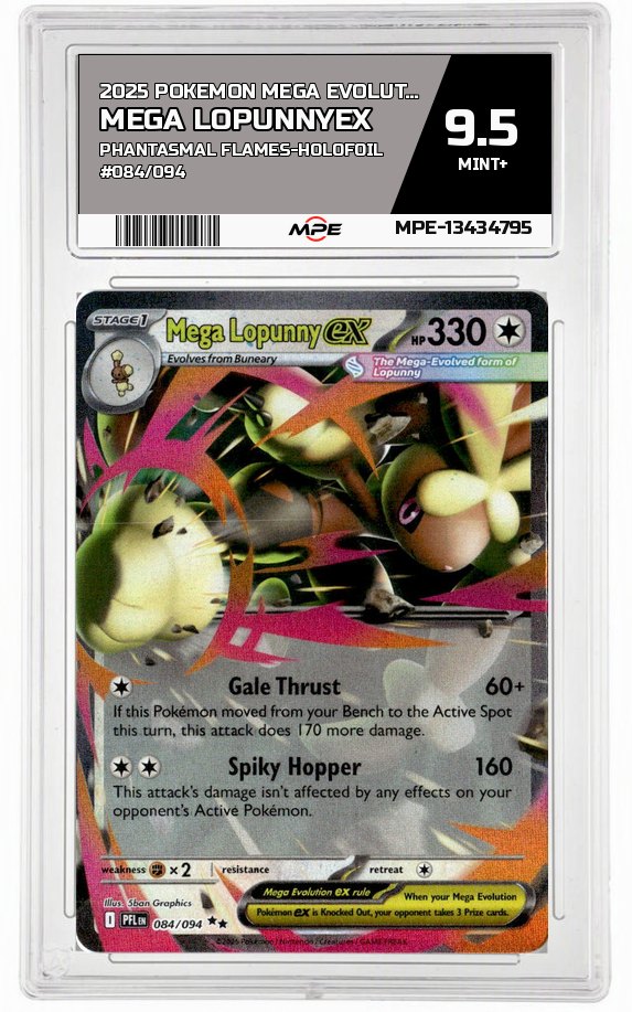 2025 POKEMON MEGA EVOLUTION PHANTASMAL FLAMES-HOLOFOIL #084/094 Mega LopunnyEX MPE 9.5 MINT+ — graded card auctioned from the MPE vault