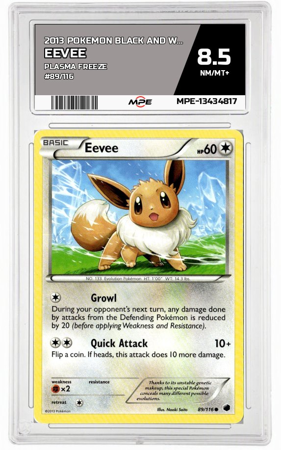 2013 POKEMON BLACK AND WHITE PLASMA FREEZE #89/116 EEVEE MPE 8.5 NM/MT+ — graded card auctioned from the MPE vault