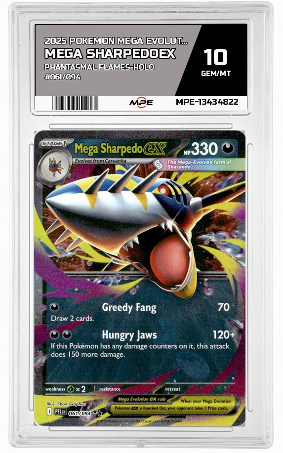 2025 POKEMON MEGA EVOLUTION PHANTASMAL FLAMES-HOLO #061/094 Mega SharpedoEX MPE 10 GEM/MT — graded card auctioned from the MPE vault