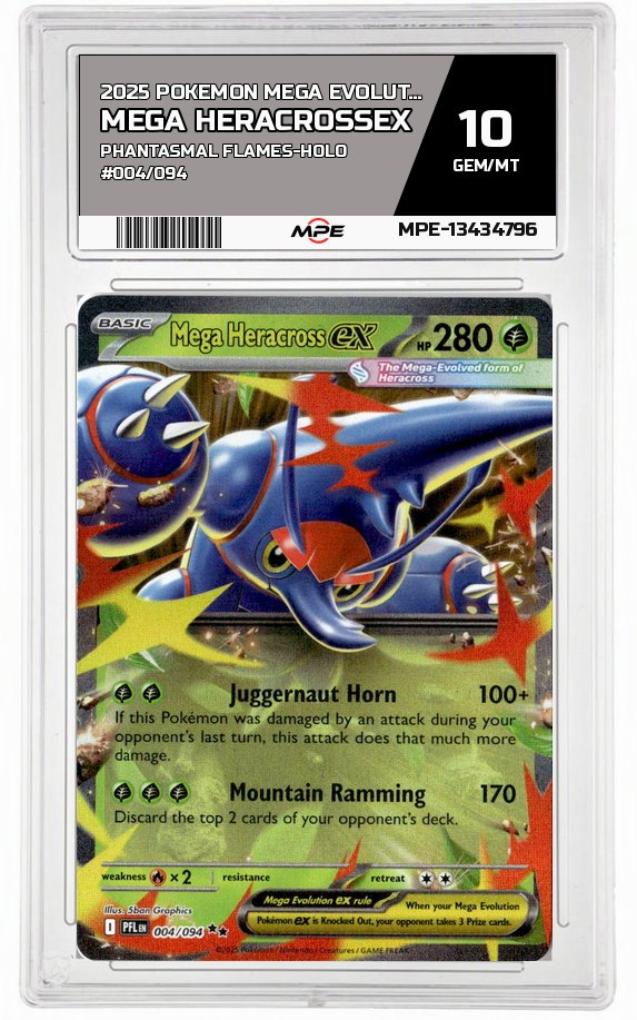 2025 POKEMON MEGA EVOLUTION PHANTASMAL FLAMES-HOLO #004/094 Mega HeracrossEX MPE 10 GEM/MT — graded card auctioned from the MPE vault