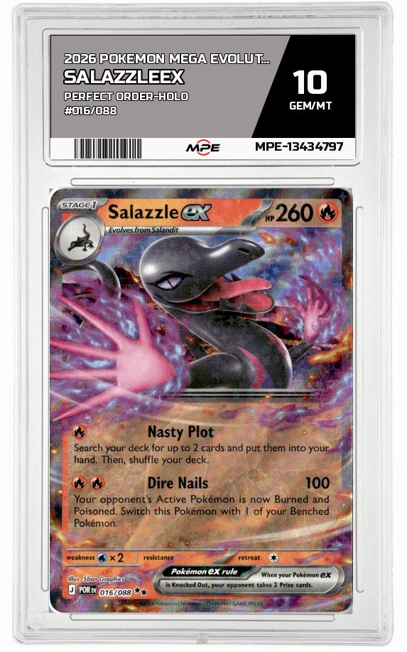 2026 POKEMON MEGA EVOLUTION PERFECT ORDER-HOLO #016/088 SalazzleEX MPE 10 GEM/MT — graded card auctioned from the MPE vault