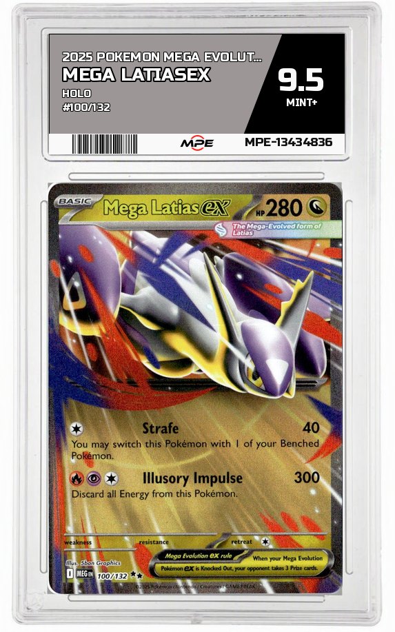 2025 POKEMON MEGA EVOLUTION HOLO #100/132 Mega LatiasEX MPE 9.5 MINT+ — graded card auctioned from the MPE vault