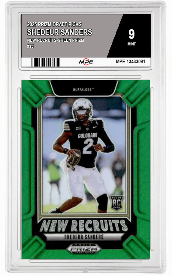 2025 PRIZM DRAFT PICKS NEW RECRUITS-GREEN PRIZM #15 SHEDEUR SANDERS MPE 9 MINT — graded card auctioned from the MPE vault