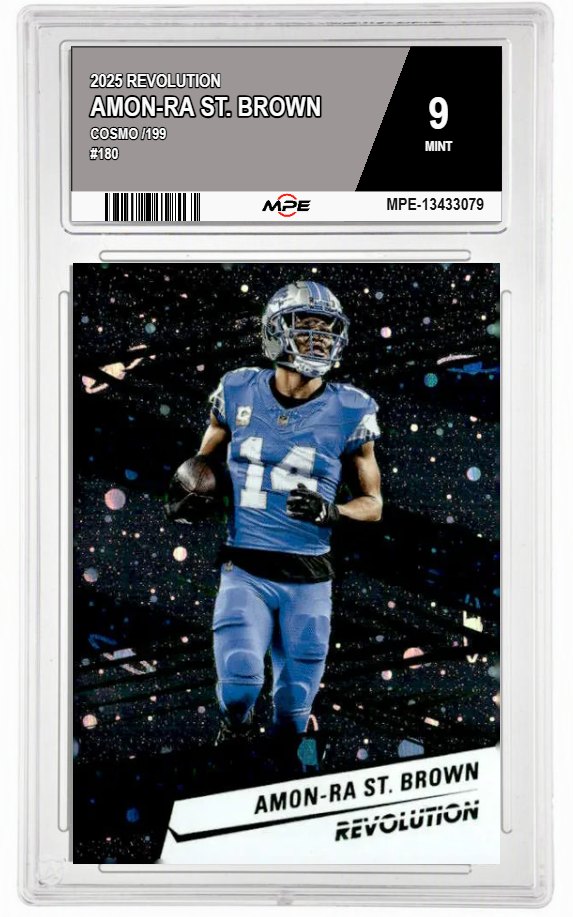 2025 REVOLUTION Cosmo /199 #180 AMON-RA ST. BROWN MPE 9 MINT — graded card auctioned from the MPE vault