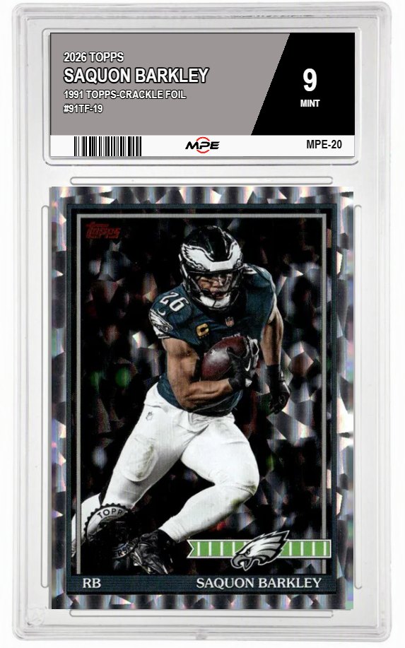 2026 TOPPS 1991 TOPPS-CRACKLE FOIL #91TF-19 SAQUON BARKLEY MPE 9 MINT — graded card auctioned from the MPE vault