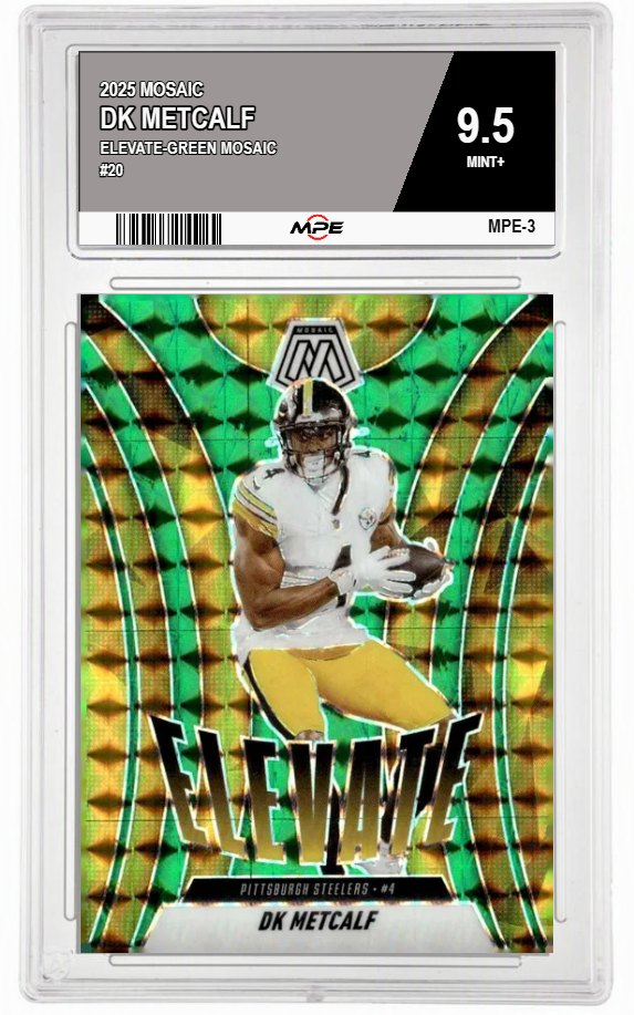 2025 MOSAIC ELEVATE-GREEN MOSAIC #20 DK METCALF MPE 9.5 MINT+ — graded card auctioned from the MPE vault