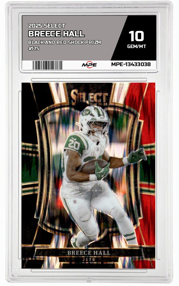 2025 SELECT BLACK AND RED SHOCK PRIZM #175 BREECE HALL MPE 10 GEM/MT — graded card auctioned from the MPE vault