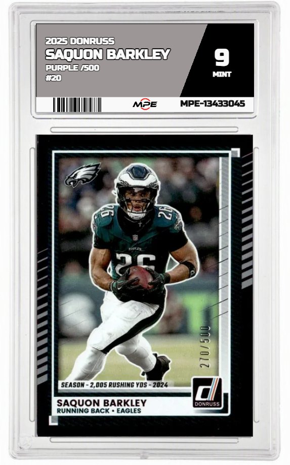 2025 DONRUSS PURPLE /500 #20 SAQUON BARKLEY MPE 9 MINT — graded card auctioned from the MPE vault