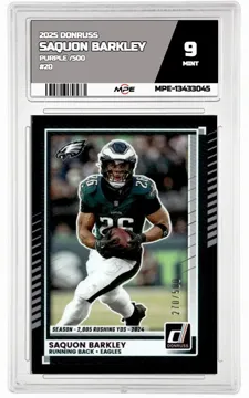 2025 DONRUSS PURPLE /500 #20 SAQUON BARKLEY MPE 9 MINT — graded card up for auction