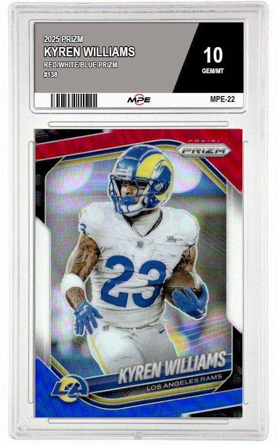 2025 PRIZM RED/WHITE/BLUE PRIZM #138 KYREN WILLIAMS MPE 10 GEM/MT — graded card auctioned from the MPE vault