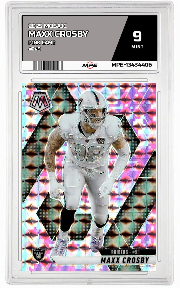 2025 MOSAIC PINK CAMO #249 MAXX CROSBY MPE 9 MINT — graded card auctioned from the MPE vault