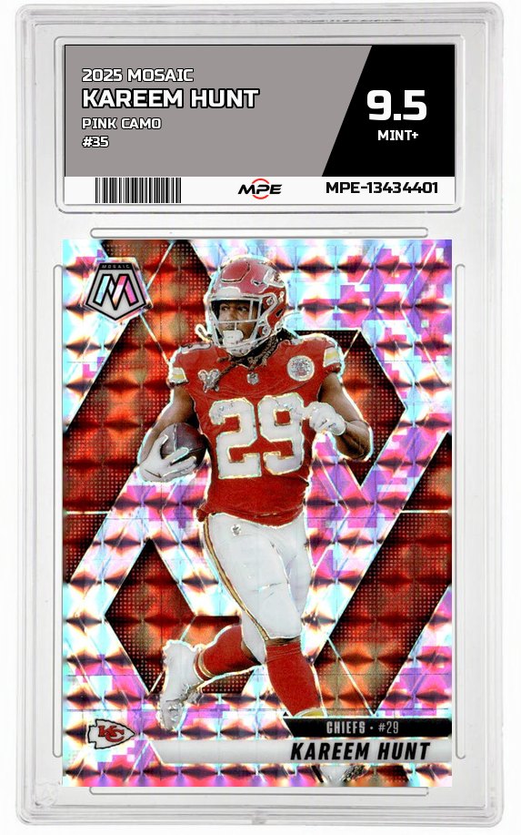 2025 MOSAIC PINK CAMO #35 KAREEM HUNT MPE 9.5 MINT+ — graded card auctioned from the MPE vault