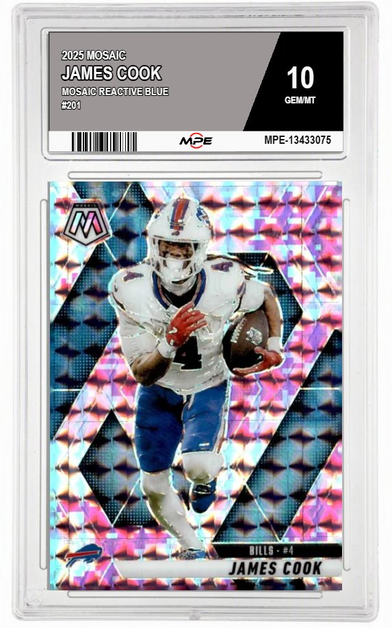 2025 MOSAIC MOSAIC REACTIVE BLUE #201 JAMES COOK MPE 10 GEM/MT — graded card auctioned from the MPE vault
