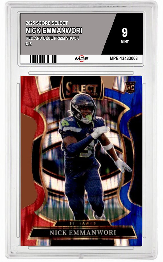 2025 SCORE SELECT Red and Blue Prizm Shock #15 NICK EMMANWORI MPE 9 MINT — graded card auctioned from the MPE vault