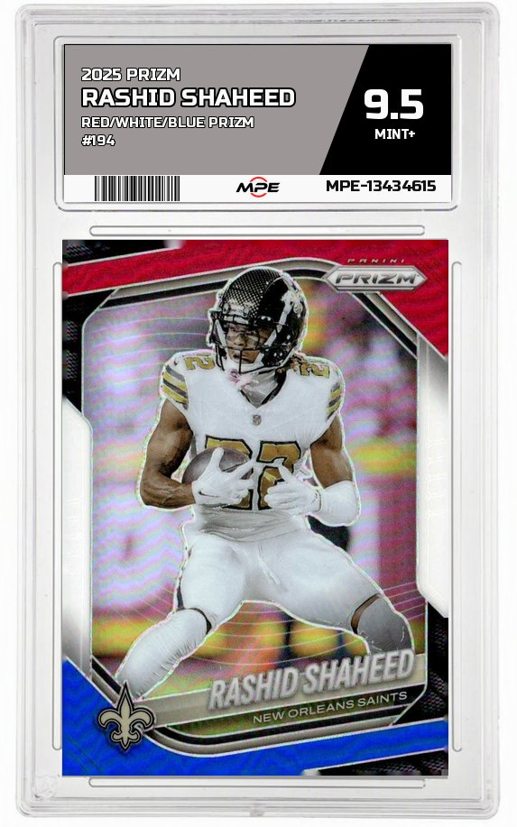 2025 PRIZM RED/WHITE/BLUE PRIZM #194 RASHID SHAHEED MPE 9.5 MINT+ — graded card auctioned from the MPE vault