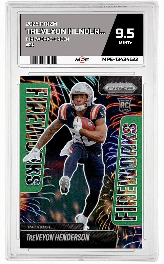 2025 PRIZM FIREWORKS-GREEN #24 TREVEYON HENDERSON MPE 9.5 MINT+ — graded card auctioned from the MPE vault