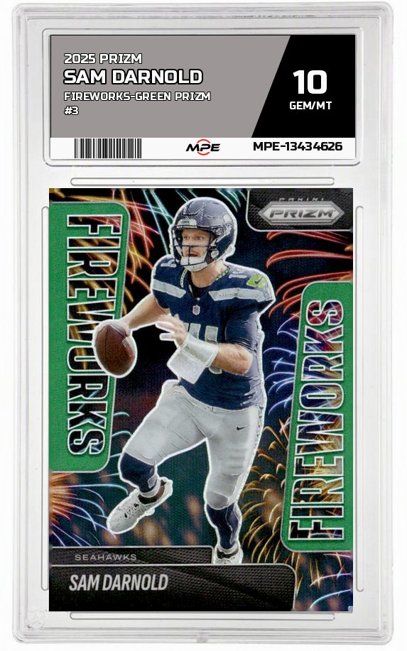 2025 PRIZM FIREWORKS-GREEN PRIZM #3 SAM DARNOLD MPE 10 GEM/MT — graded card auctioned from the MPE vault