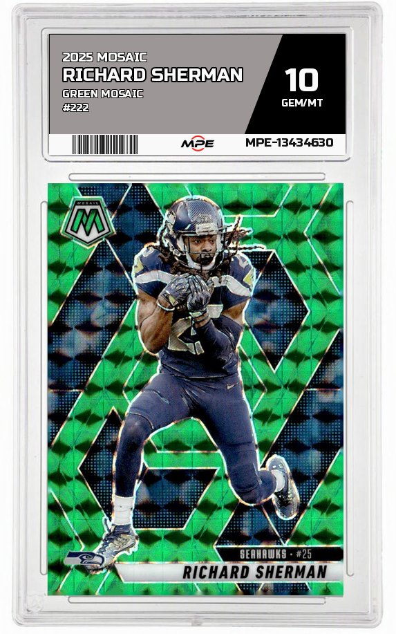 2025 MOSAIC GREEN MOSAIC #222 RICHARD SHERMAN MPE 10 GEM/MT — graded card auctioned from the MPE vault