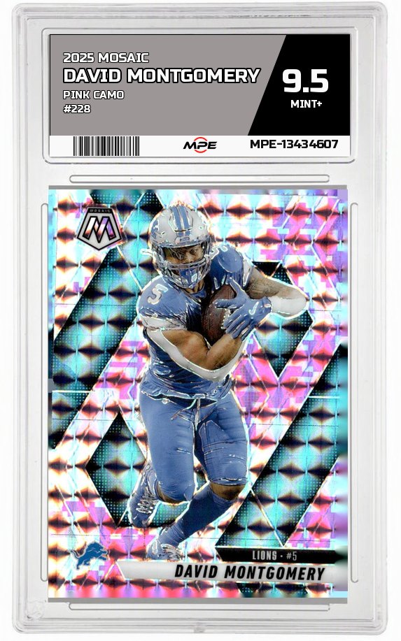 2025 MOSAIC PINK CAMO #228 DAVID MONTGOMERY MPE 9.5 MINT+ — graded card auctioned from the MPE vault