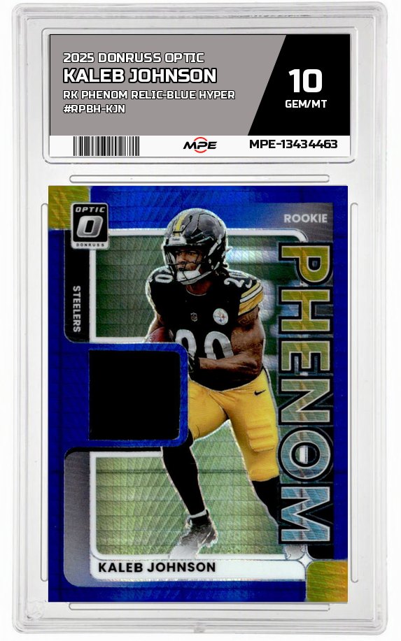 2025 DONRUSS OPTIC RK PHENOM RELIC-BLUE HYPER #RPBH-KJN KALEB JOHNSON MPE 10 GEM/MT — graded card up for auction