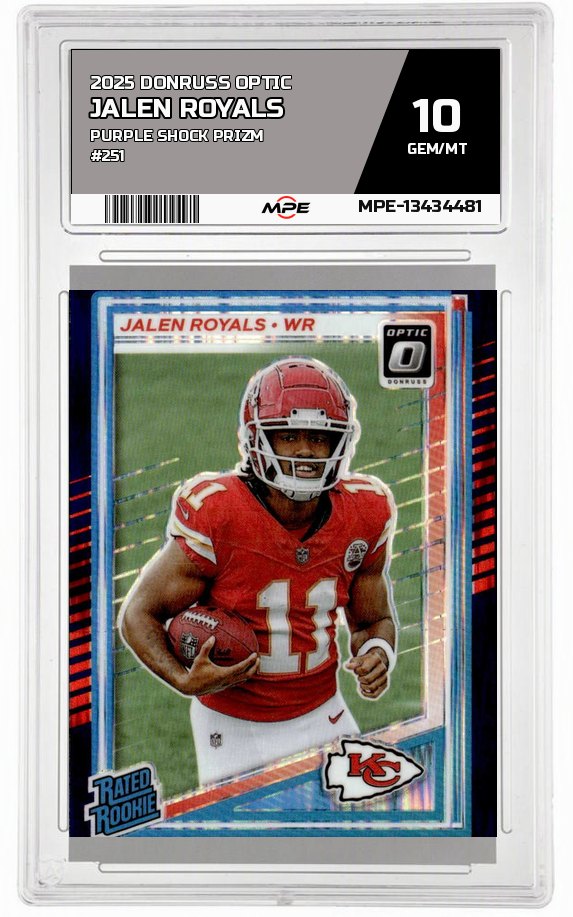 2025 DONRUSS OPTIC PURPLE SHOCK PRIZM #251 JALEN ROYALS MPE 10 GEM/MT — graded card auctioned from the MPE vault