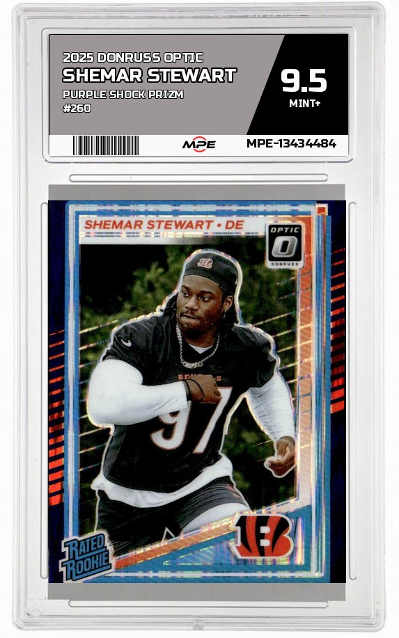 2025 DONRUSS OPTIC PURPLE SHOCK PRIZM #260 SHEMAR STEWART MPE 9.5 MINT+ — graded card auctioned from the MPE vault