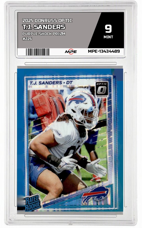 2025 DONRUSS OPTIC PURPLE SHOCK PRIZM #226 T.J. SANDERS MPE 9 MINT — graded card auctioned from the MPE vault