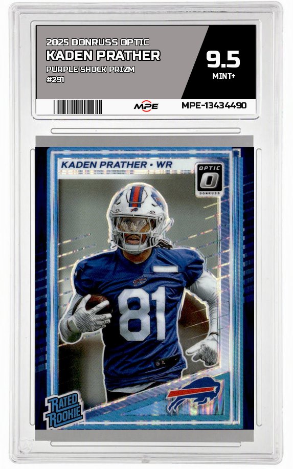 2025 DONRUSS OPTIC PURPLE SHOCK PRIZM #291 KADEN PRATHER MPE 9.5 MINT+ — graded card auctioned from the MPE vault