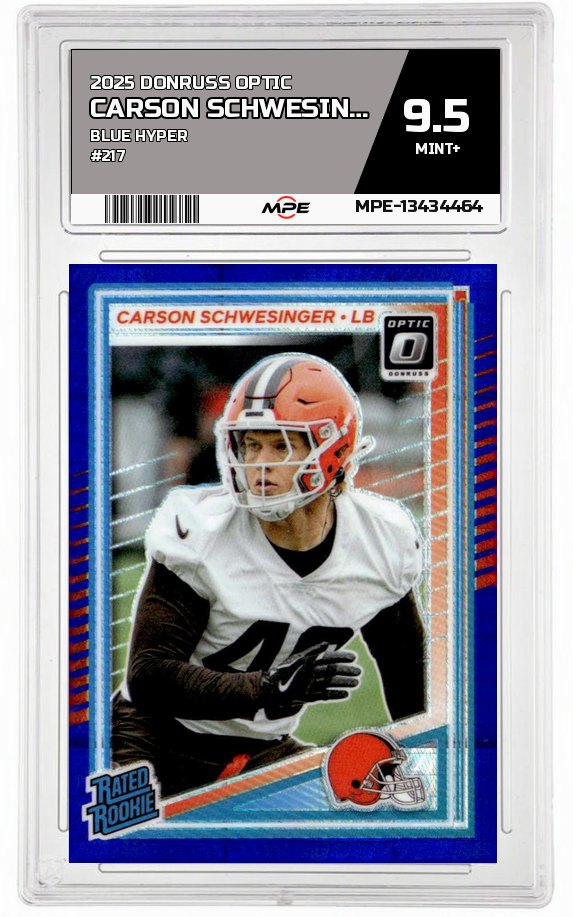 2025 DONRUSS OPTIC BLUE HYPER #217 CARSON SCHWESINGER MPE 9.5 MINT+ — graded card auctioned from the MPE vault