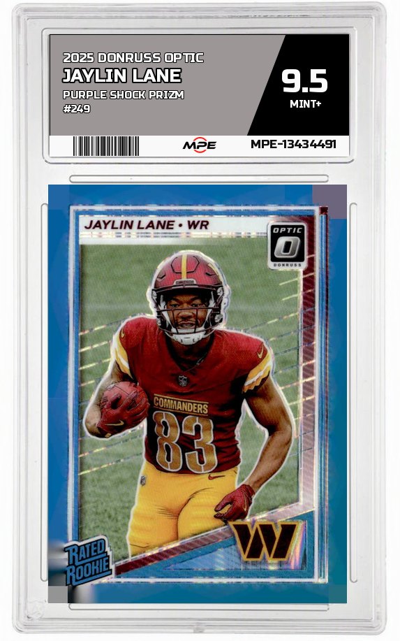 2025 DONRUSS OPTIC PURPLE SHOCK PRIZM #249 JAYLIN LANE MPE 9.5 MINT+ — graded card auctioned from the MPE vault