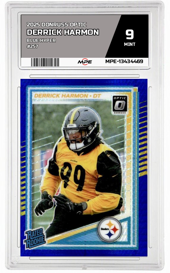2025 DONRUSS OPTIC BLUE HYPER #257 DERRICK HARMON MPE 9 MINT — graded card auctioned from the MPE vault