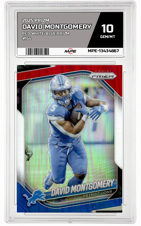 2025 PRIZM RED/WHITE/BLUE PRIZM #164 DAVID MONTGOMERY MPE 10 GEM/MT — graded card auctioned from the MPE vault