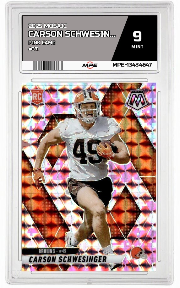 2025 MOSAIC PINK CAMO #371 CARSON SCHWESINGER MPE 9 MINT — graded card auctioned from the MPE vault