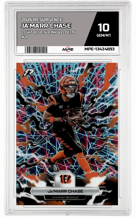 2026 RESURGENCE LIGHT BLUE & PINK VELOCITY #20 JA'MARR CHASE MPE 10 GEM/MT — graded card auctioned from the MPE vault