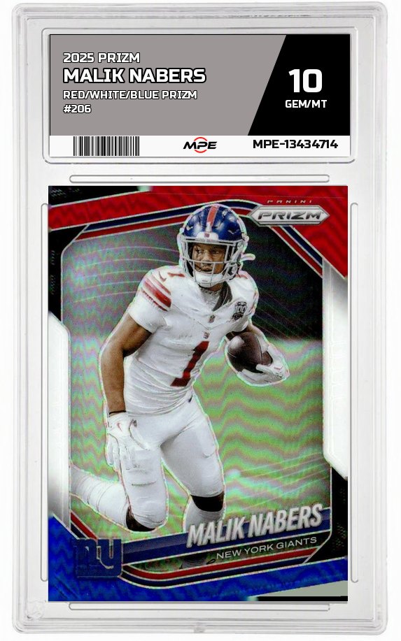 2025 PRIZM RED/WHITE/BLUE PRIZM #206 MALIK NABERS MPE 10 GEM/MT — graded card auctioned from the MPE vault