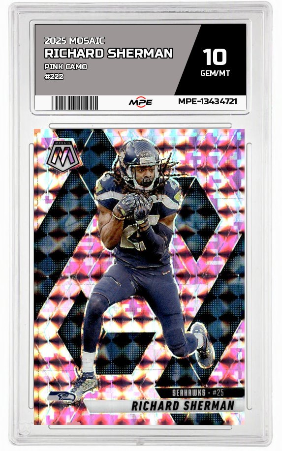 2025 MOSAIC PINK CAMO #222 RICHARD SHERMAN MPE 10 GEM/MT — graded card auctioned from the MPE vault