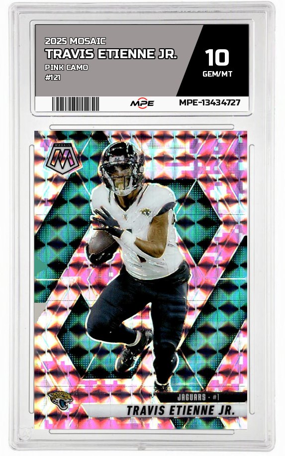 2025 MOSAIC PINK CAMO #121 TRAVIS ETIENNE JR. MPE 10 GEM/MT — graded card up for auction