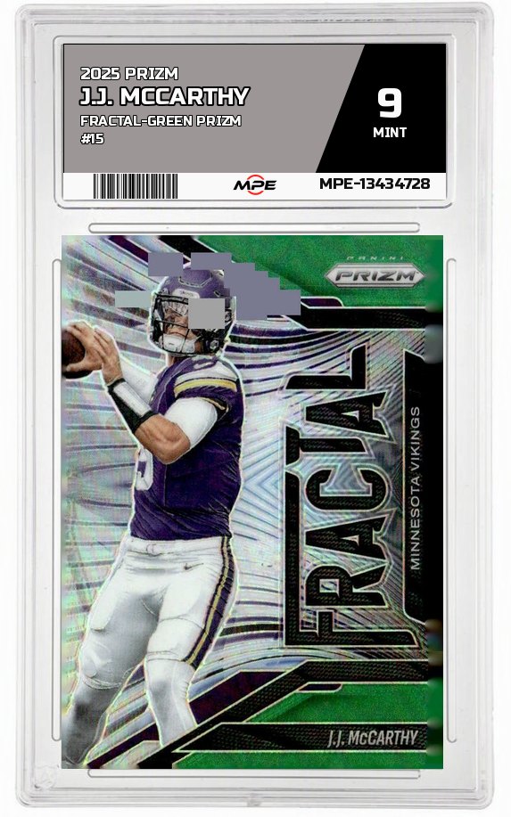 2025 PRIZM FRACTAL-GREEN PRIZM #15 J.J. MCCARTHY MPE 9 MINT — graded card auctioned from the MPE vault