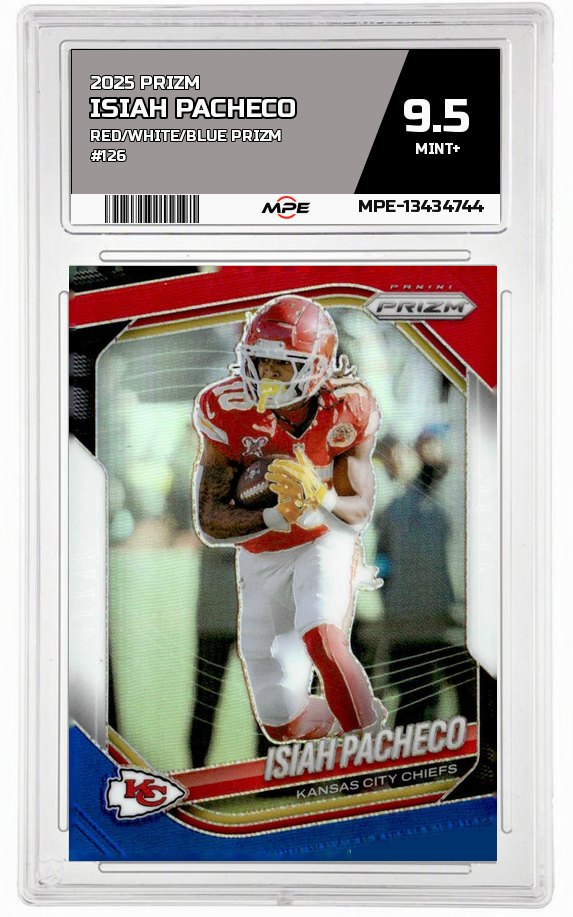 2025 PRIZM RED/WHITE/BLUE PRIZM #126 ISIAH PACHECO MPE 9.5 MINT+ — graded card auctioned from the MPE vault