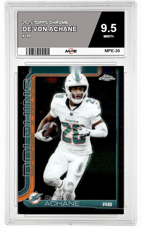 2025 TOPPS CHROME #188 DE'VON ACHANE MPE 9.5 MINT+ — graded card auctioned from the MPE vault