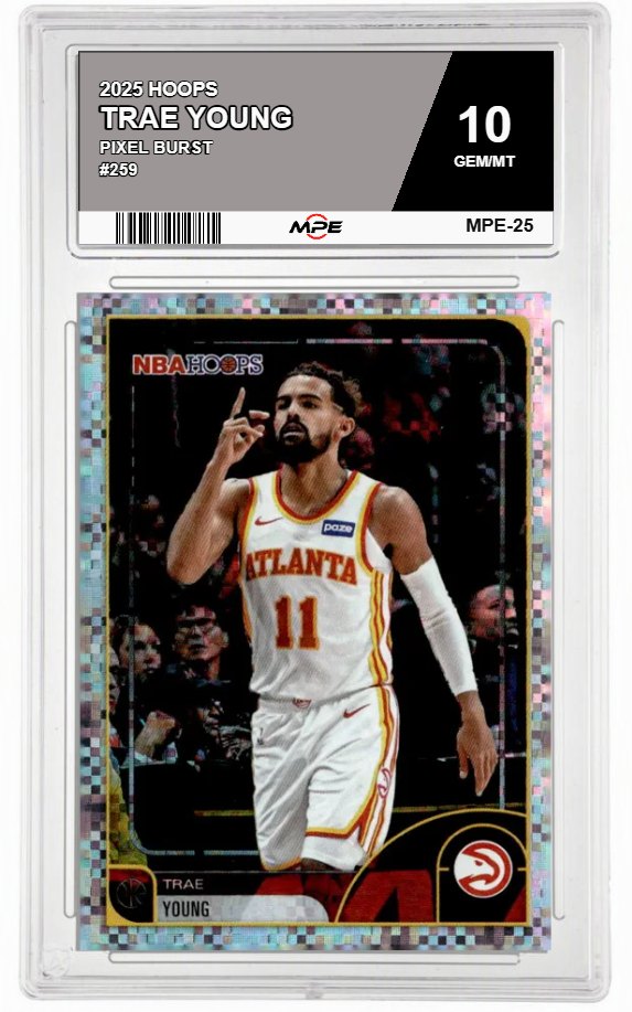 2025 HOOPS PIXEL BURST #259 TRAE YOUNG MPE 10 GEM/MT — graded card auctioned from the MPE vault