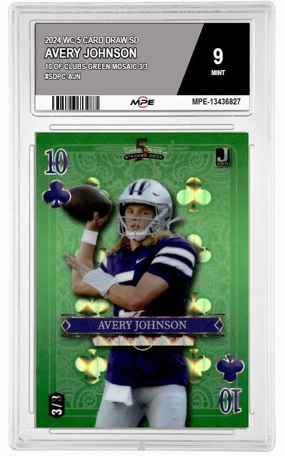 2024 WC 5 CARD DRAW SD 10 OF CLUBS-GREEN MOSAIC 3/3 #SDPC-AJN AVERY JOHNSON MPE 9 MINT — graded card auctioned from the MPE vault