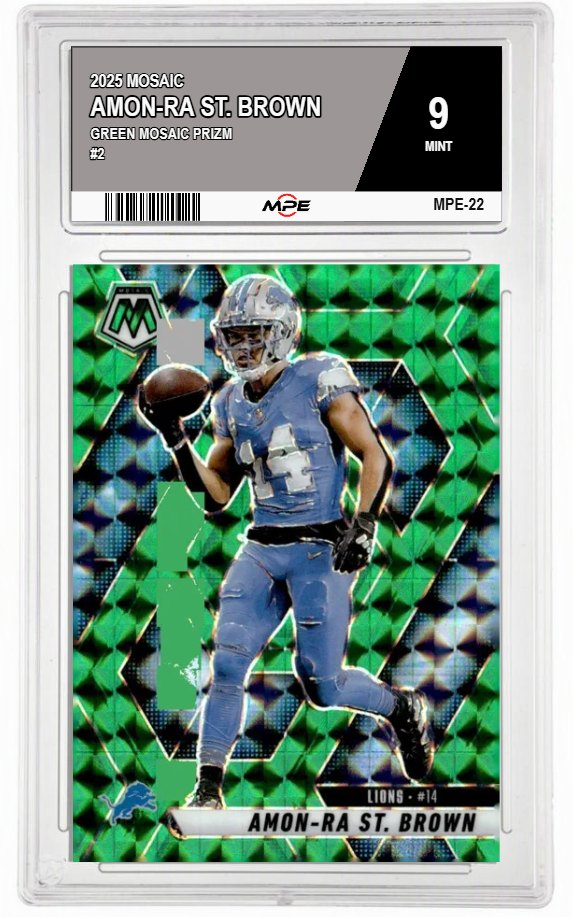 2025 MOSAIC GREEN MOSAIC PRIZM #2 AMON-RA ST. BROWN MPE 9 MINT — graded card auctioned from the MPE vault