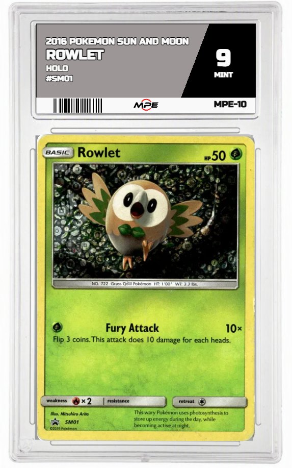 2016 POKEMON SUN AND MOON HOLO #SM01 ROWLET MPE 9 MINT — graded card auctioned from the MPE vault