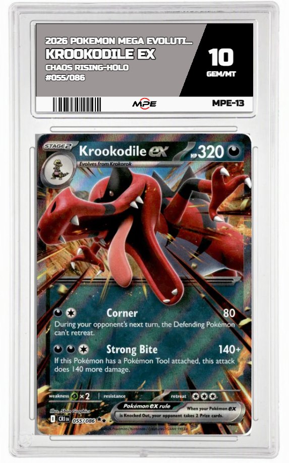 2026 POKEMON MEGA EVOLUTION CHAOS RISING-HOLO #055/086 Krookodile EX MPE 10 GEM/MT — graded card up for auction