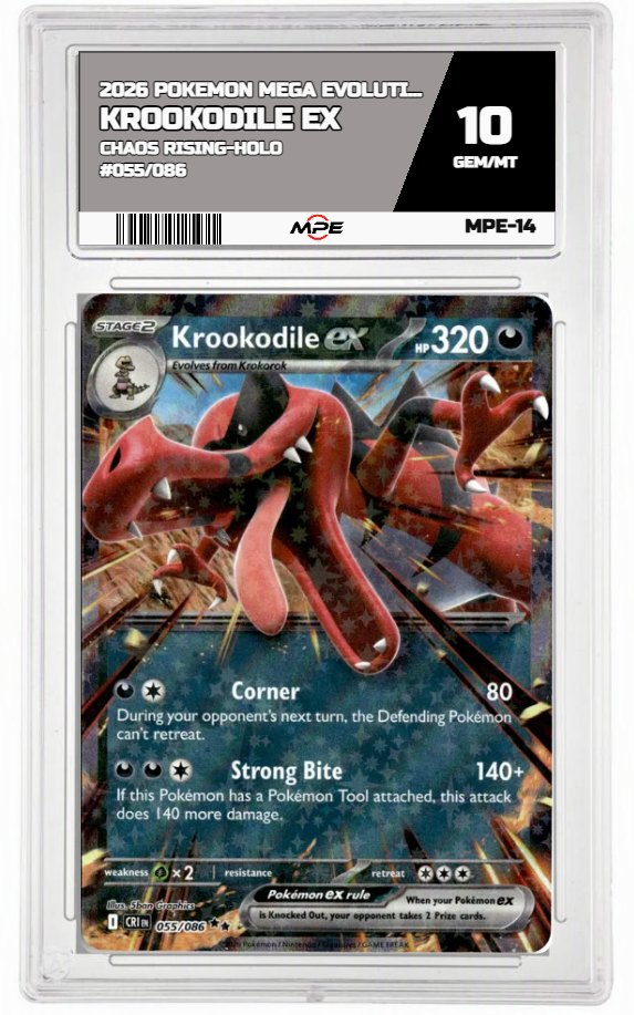 2026 POKEMON MEGA EVOLUTION CHAOS RISING-HOLO #055/086 KROOKODILE EX MPE 10 GEM/MT — graded card auctioned from the MPE vault